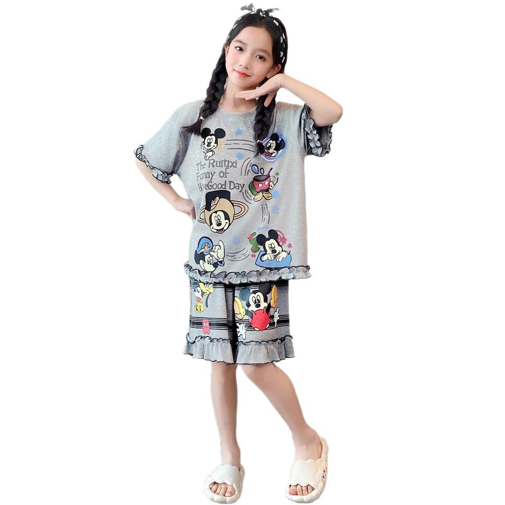 2026 New Summer Girls' Ultra-Thin Modal Pajamas Set: Short Sleeve Airy Comfort Suit for Medium and Large Kids