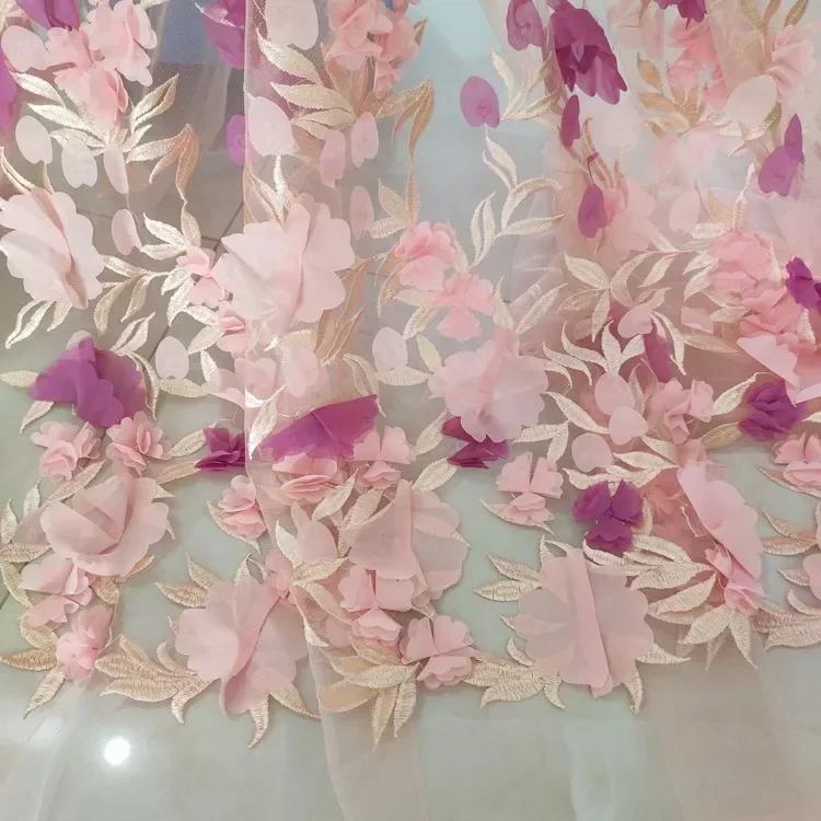 Iluzoryczna Kolorowa Siatkowa Tkanina Szyfonowa Haft z Trójwymiarowymi Kwiatami Koronka Oryginalna Tkanina Suknia Ślubna Dół Spódnicy