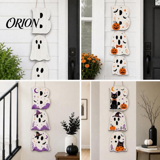 Vintage Wood Grain Wall Art Halloween Wooden BOO Hanging Sign, Creative Letter Pendants, Ghost Pumpkin Black Cat Festive Atmosphere Decoration