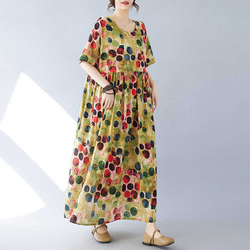 Einfaches Modisches Langes Kleid mit Sommer Fett Übergroß Kurzärmlig Rundhals Bedruckt Freizeitkleider