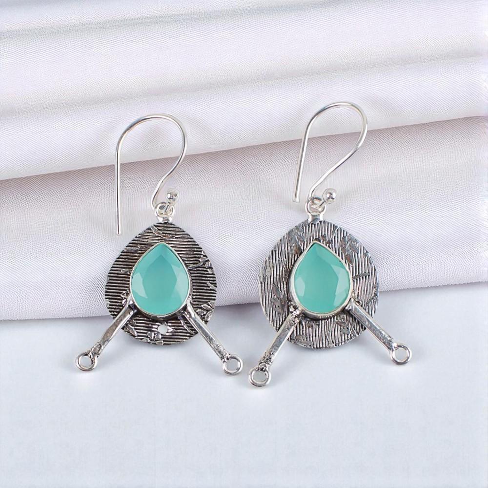 Aqua Chalcedony Gemstone 925 Sterling Silver Jewelry Handcrafted Earrings 1.86" EE-78-31