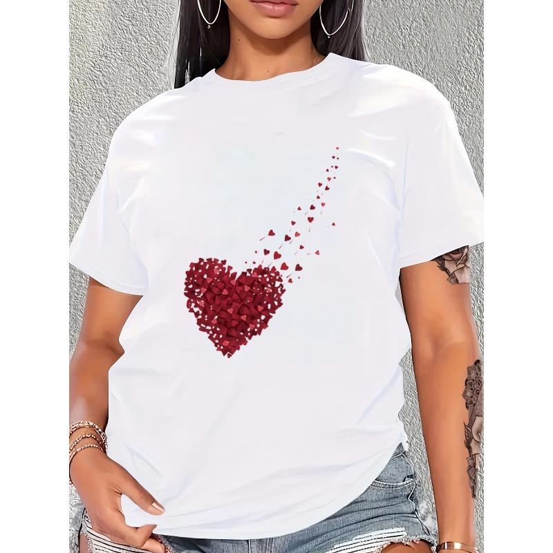 European Size Women's Short Sleeve T-shirt, Five Colors. Red Broken Heart Graphic Tee Summer New Romantic Hearts Print Top