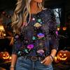 Women's Halloween Print Long Sleeve Neck Pullover T-Shirt for Fall