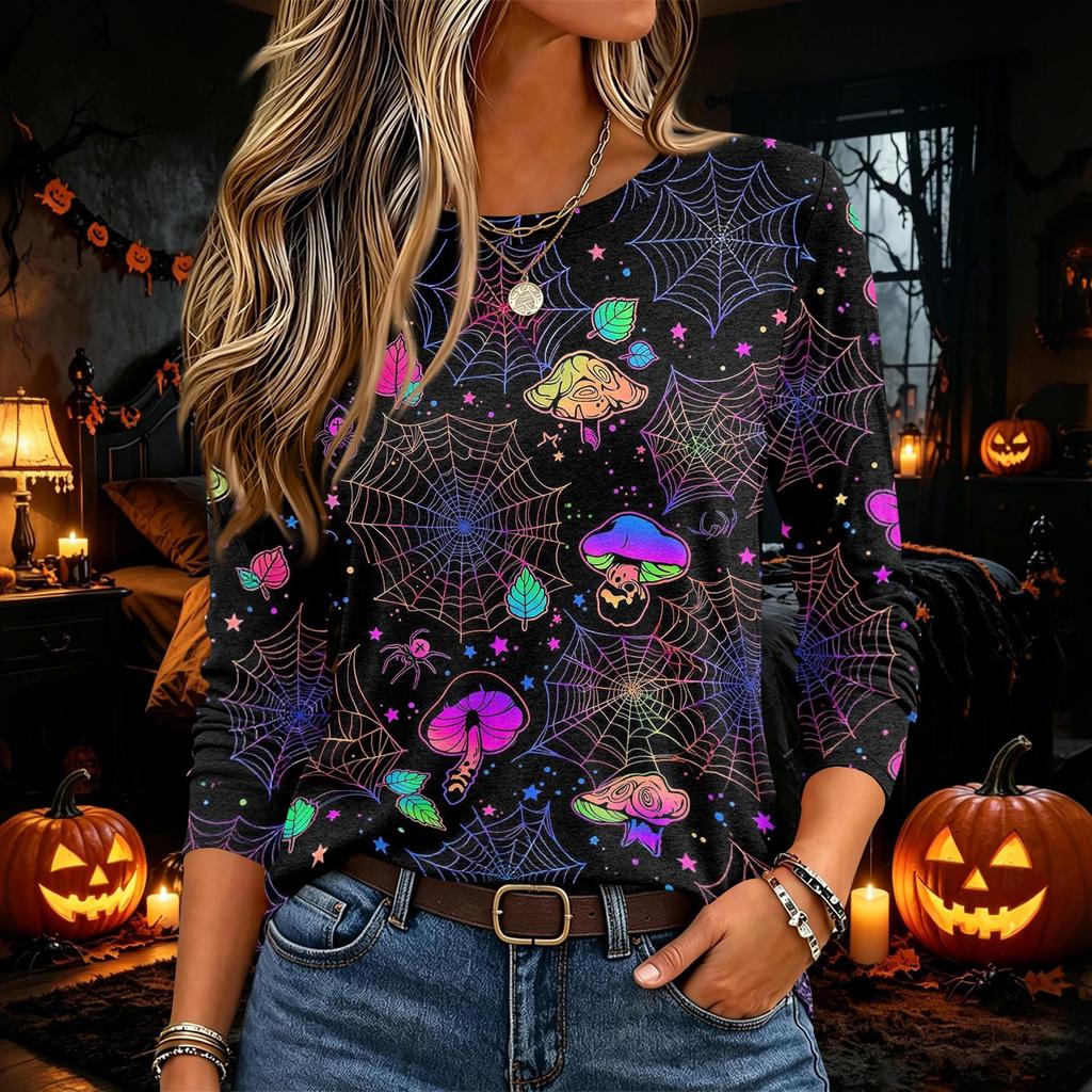 Women's Halloween Print Long Sleeve Neck Pullover T-Shirt for Fall