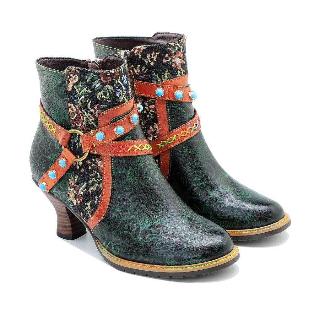 Johnature Genuine Leather Boots Fashion Women High-heeled Shoes Retro Rivet Patchwork Short Boots