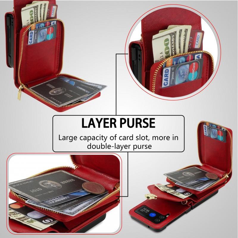 Foldable Phone Case Galaxy Z Flip7 6 5 4 3 With Strap Crossbody Wallet Zipper Pocket Handmade PU Leather Cover