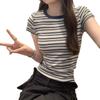 Contrasting striped babes front shoulder short-sleeved T-shirt women's summer design sense niche chic Korean slim-fit short top