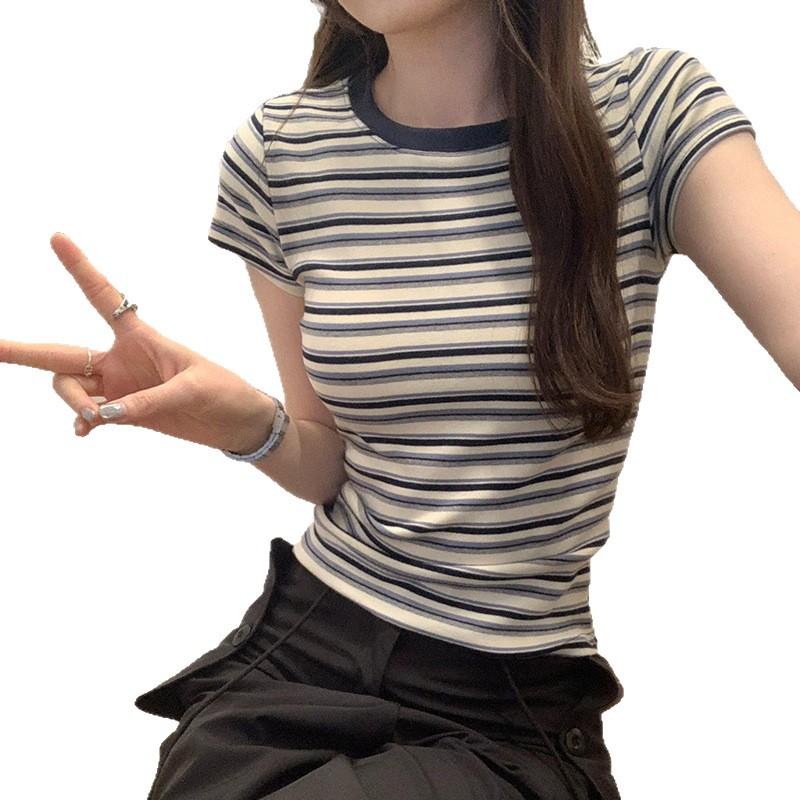 Contrasting striped babes front shoulder short-sleeved T-shirt women's summer design sense niche chic Korean slim-fit short top