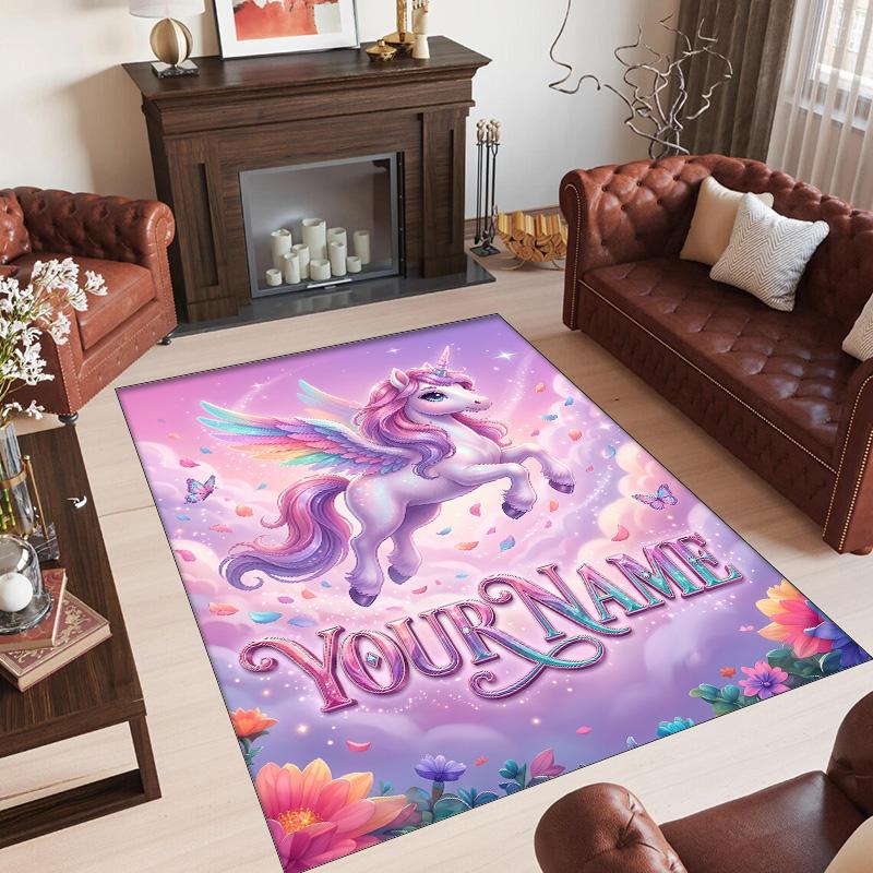 Alfombra de Suelo de Terciopelo de Cristal con Temática de Unicornio, Alfombra Cálida Personalizada con Nombre y Texto, Decoración del Hogar