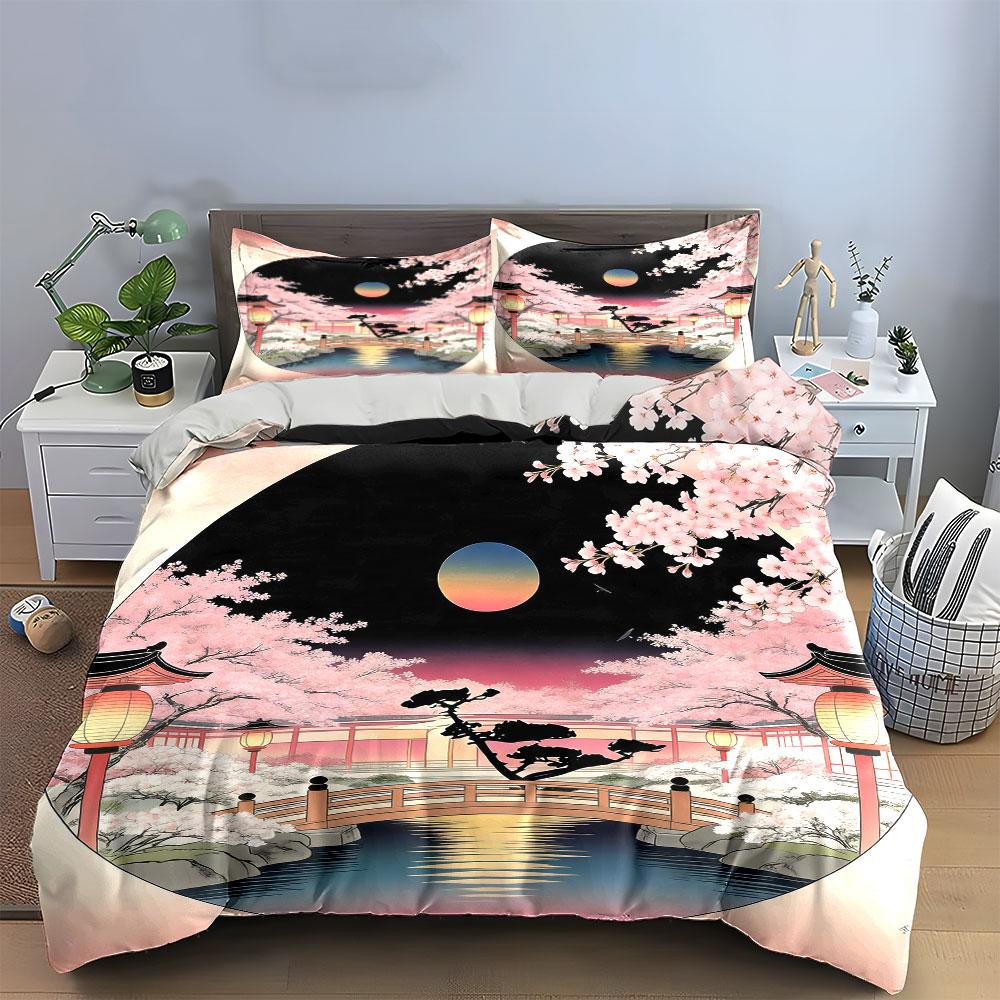 Cherry Blossom Set, Japanese Scenery Soft Comfortable Duvet Cover Bedding Set Included 1*Duvet Cover & 2*Pillowcases, Gift