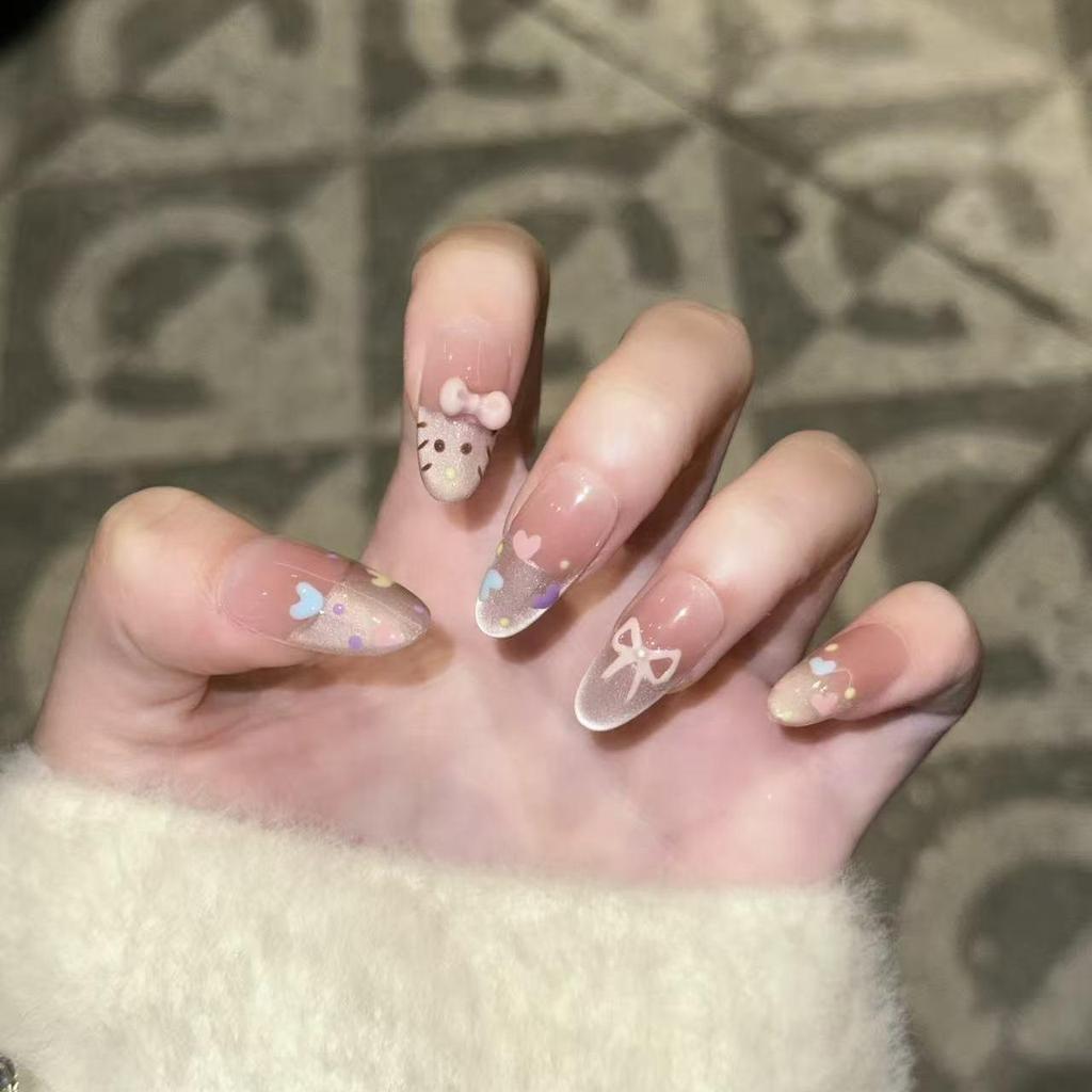 Dairuisen French Heart Bowknot Icy Translucent Blush Press-on Nail Art