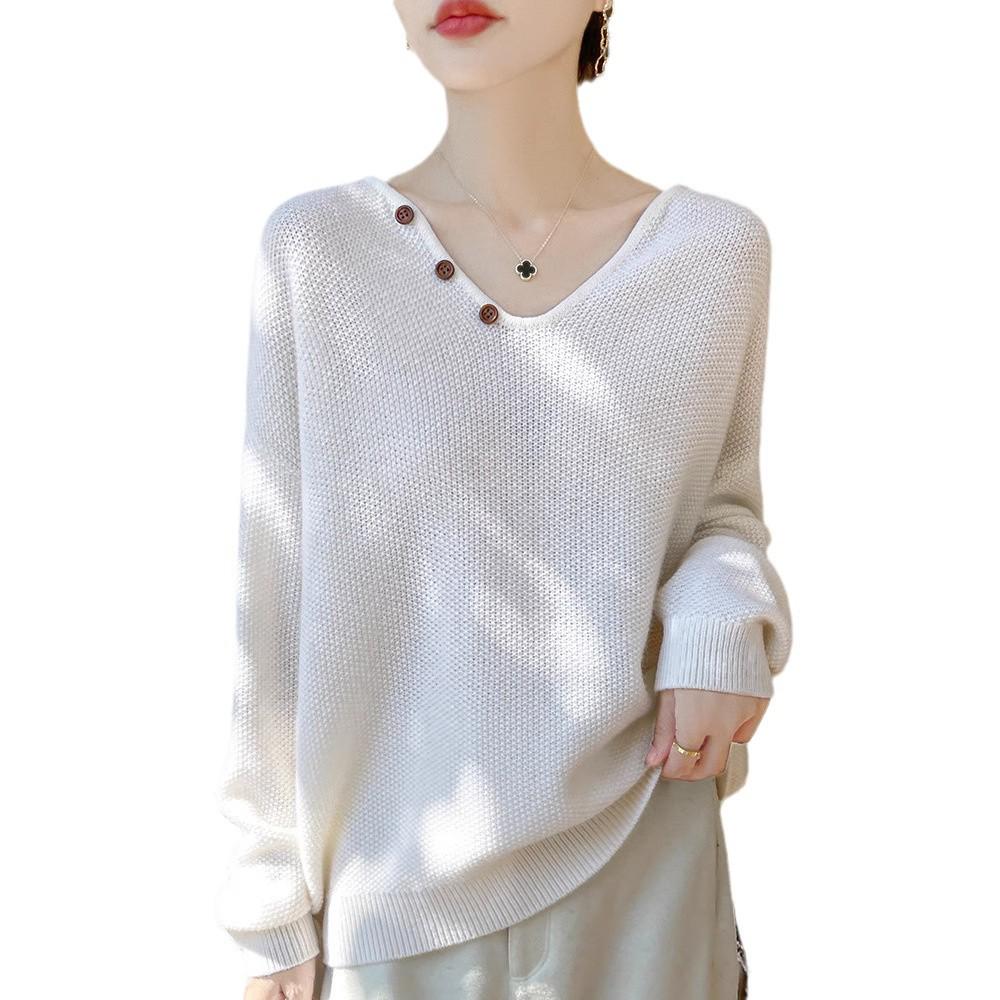 Women's V-Neck Cable Knit 100% Wool Sweater - Autumn/Winter, Solid Color, Loose Fit, Long Sleeve, Cozy Cashmere Layer