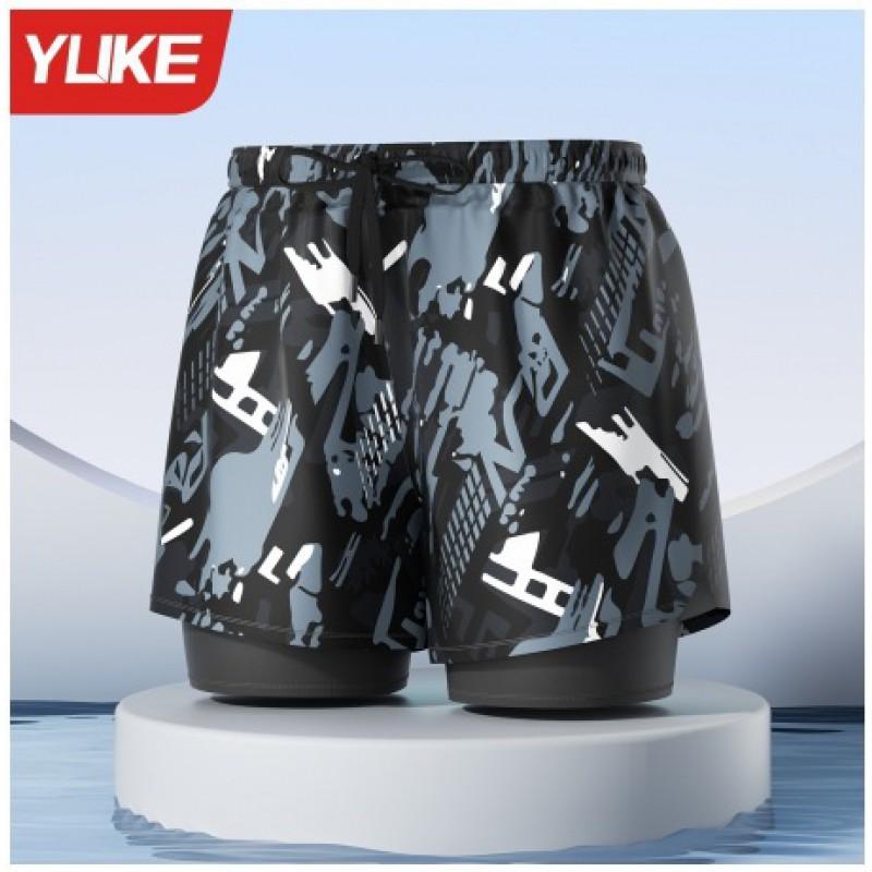 Mens Double-Layered Board Shorts Swim Trunks Beach Swimming Surfing Quick-Dry Anti-Chafe Athletic Swimwear