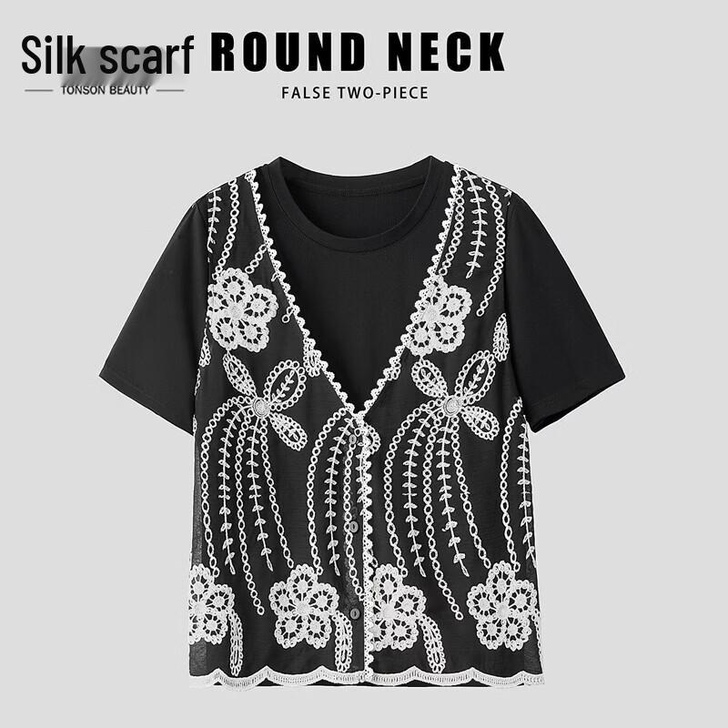 Women s Round Neck Lace Patchwork T-shirt XL