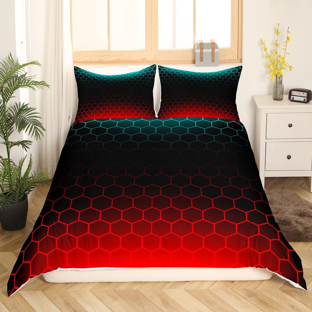 Blue Purple Honeycomb Soft Duvet Cover Fluorescent Geometric Honeycomb Beding Set Behive Hexagon Warm Comforter Cover for Young Boys Young Girls