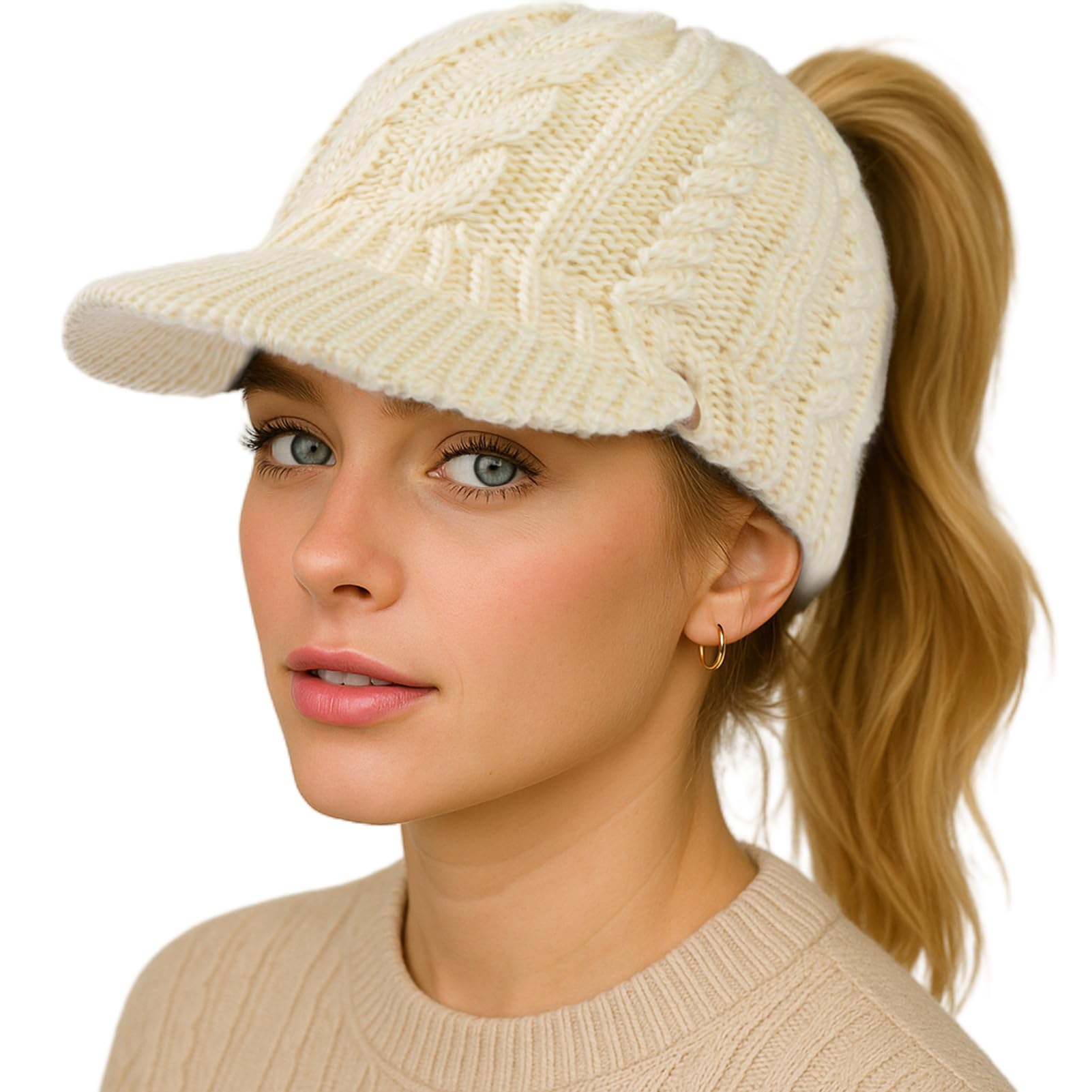 

Winter Beanie with and Merino Cable White [TOP-EX] Women s 3-Openings, Ponytail, Brim, Fleece-Lined, Wool, Knit, Warm, Beige, бежевый