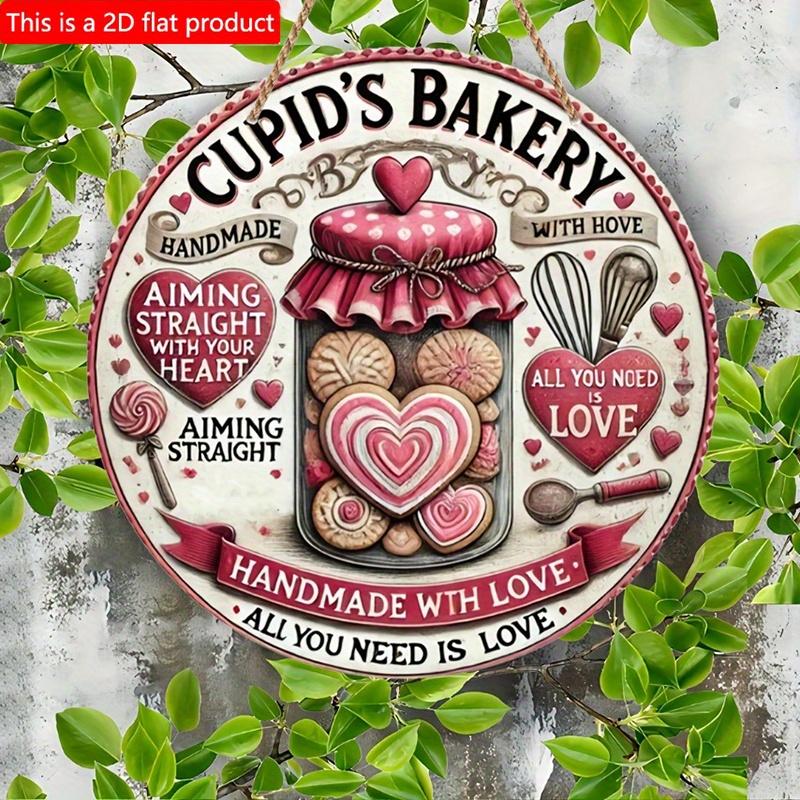 1pc 2d Flat Cupid's Bakery Vintage Valentine's Day Wooden Wreath Sign - 20cm Romantic Retro Wall Decor for Home, Office