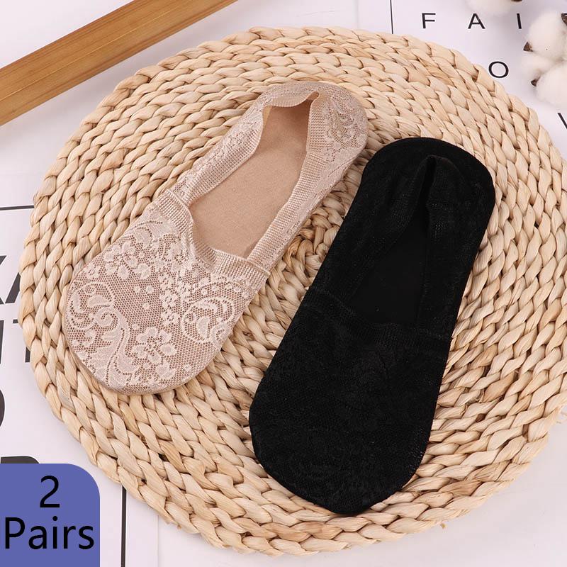 2 Pairs Women Girls Summer Socks Girl Lace Boat Socks Non-slip Silicone Cotton Sock Soft No Show Sock Slippers