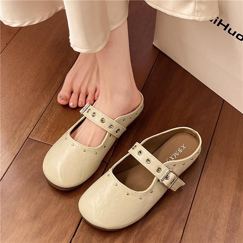 Mules à boucle à un mot pour femmes 2025 nouveau printemps à semelle plate demi-traînante jupe à enfiler chaussures simples à semelle souple