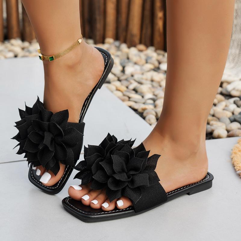 Casual Flat-bottomed Square-head Slippers Female Flower Lazy Person One Pedal Open-toe One-word Drag Beach Casual Women's Sandals