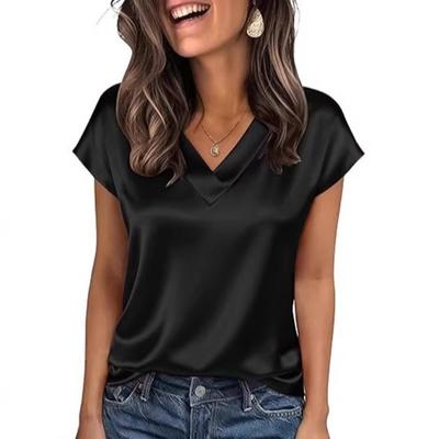 Damen Oberteile Lockere Passform Sommerbluse V-Ausschnitt Kurzarm Glattes Satin Weicher Dehnbarer Pullover