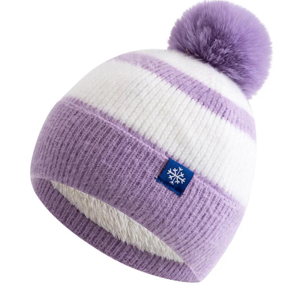 New Style Snow Label Beanie Hat Color Blocked Style Plush Fur Lined Pompoms Warm Winter Hat Fashion Y2k Beanie For Woman Girl