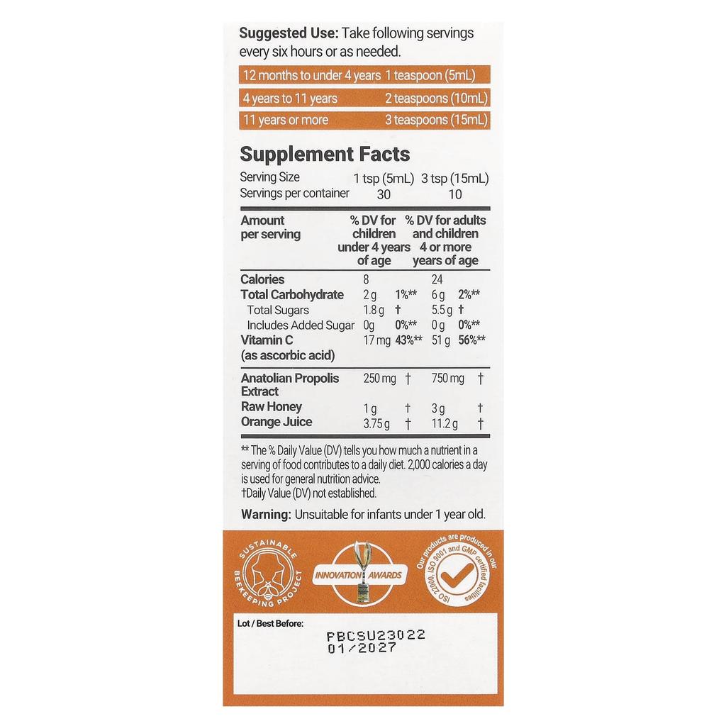 Bee & You, Propolis Raw Honey Vitamin C Syrup, 150Ml(5Fl Oz)