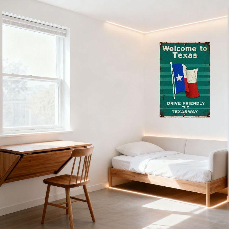 Vintage Texas Welcome Sign Metal Tin Plaque - Texas Flag Illustration & 'DRIVE FRIENDLY THE TEXAS WAY' Retro Wall Decor for Man