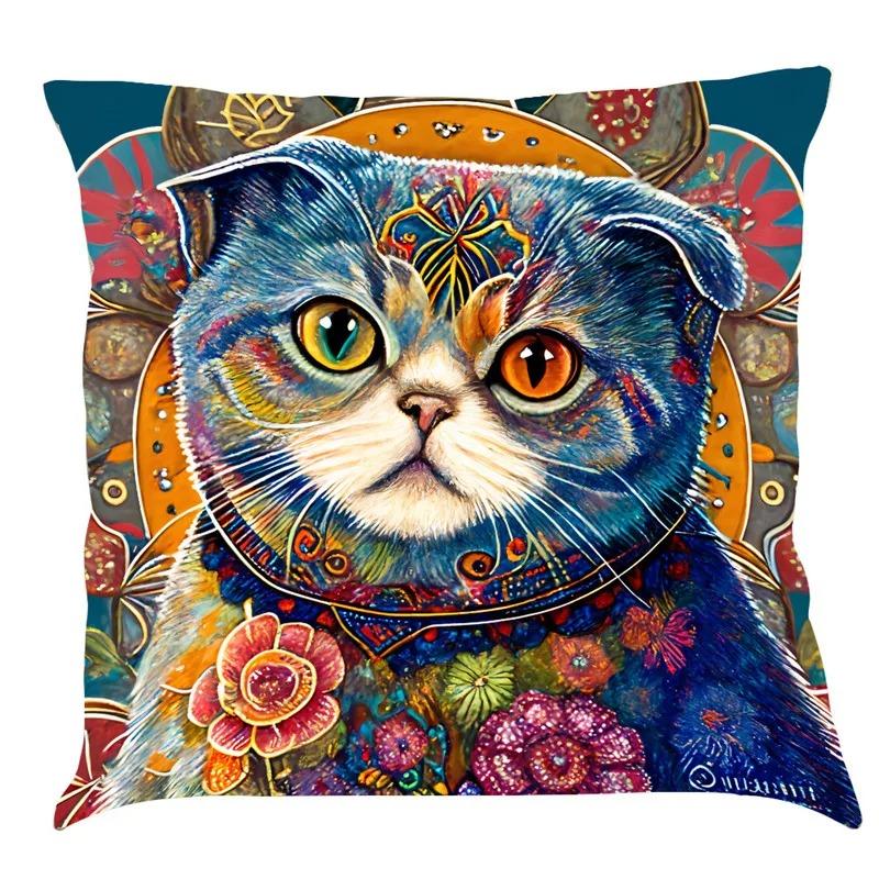 Nordic Style Peacock Cat Puppy Oil Painting Print Pillowcase 45x45 Cm Living Room Sofa Cushion Cover Bedroom Home Decoration