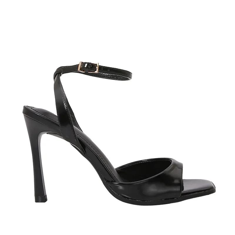 Fashion Sexy Square Open Toe High Heels Women Summer Elegant Party Office Shoes Black Patent Leather Ankle Strap Buckle Heeled Sandals