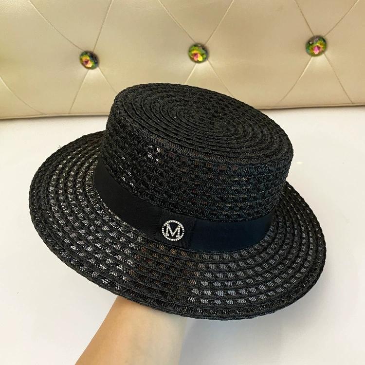 Flat-Top Hat for Women, Summer Hollow-Out m Logo Plaid Woven Straw Hat, Beach Outing Sun Protection Hat Flat-Brimmed Fedora
