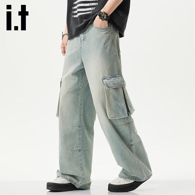 Izzue Men's American High Street Loose Straight-Leg Workwear Jeans