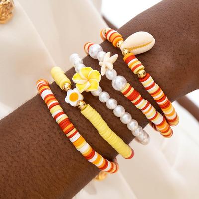 Bohemian Starfish Shell Frangipani Charm Bracelet Colorful Beaded CCB Soft Ceramic Bracelet Summer Beach Jewelry Gift for Women