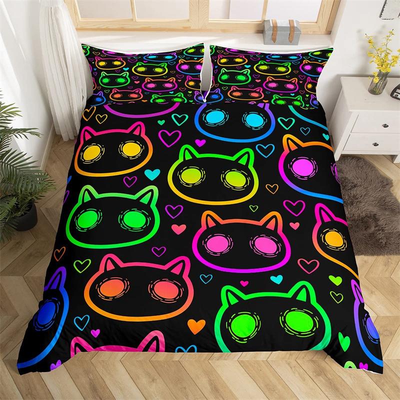 Boho Colorful Cat Duvet Cover Set Cats Star Mushroom Bedding Set Microfiber 3D Kawaii Animals Comforter Cover Twin For Kids Boys