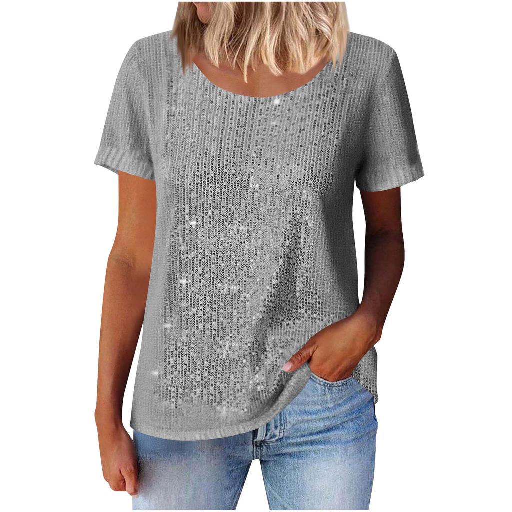 Women Multi Color Round Neck Short Sleeve Glitter Sparkle Casual Top