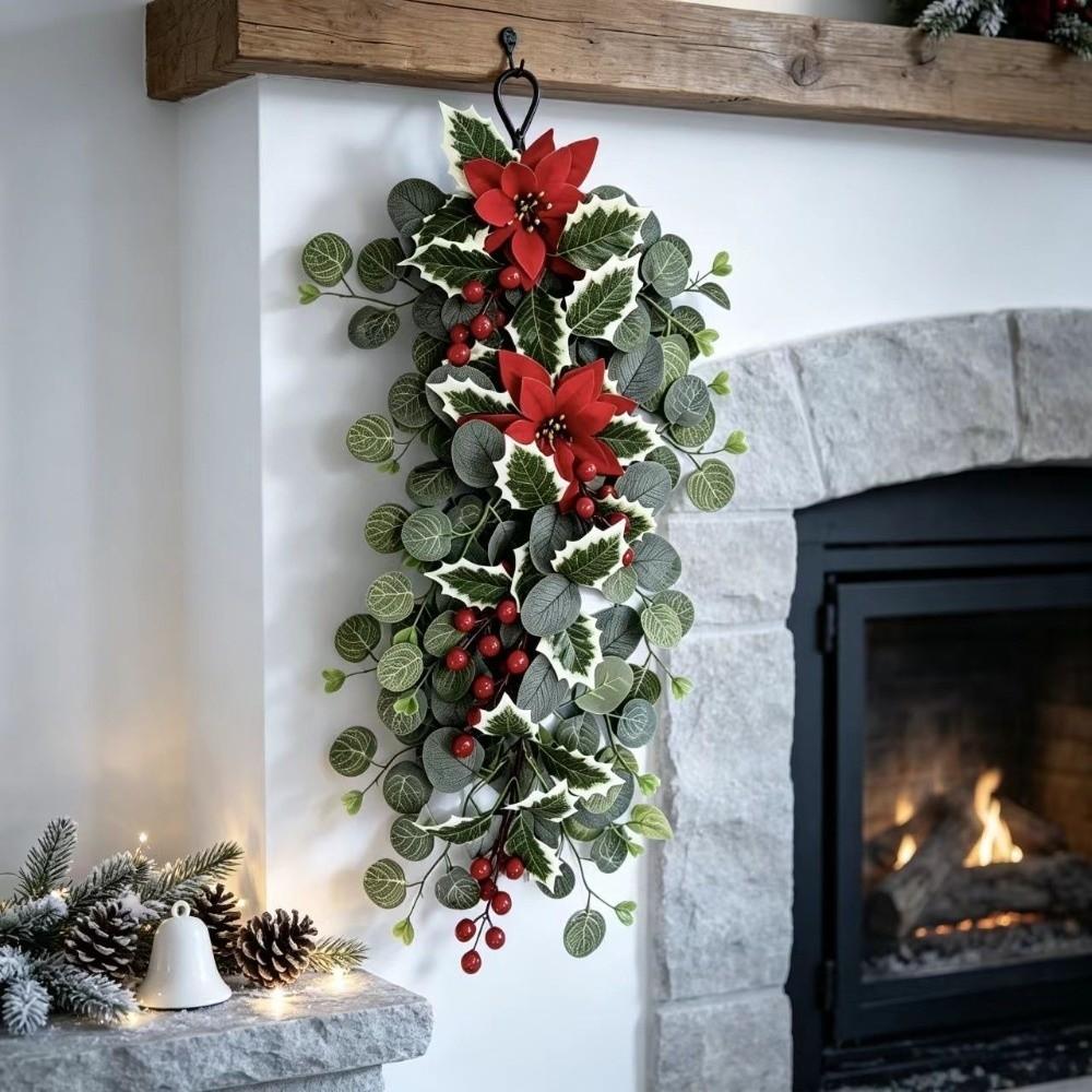 Red Berry Holly Artificial Poinsettia Garland Realistic Festive Floral Garland Christmas Hanging Swag 23.6 Inch