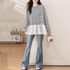 Long Sleeve Oversized Knitted Lace Vintage Stripe Casual Loose Spring Autumn Winter T Shirt Tops Women T-shirt