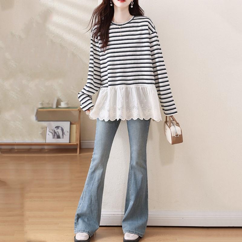 long sleeve oversized Knitted lace vintage stripe Casual loose spring autumn winter t shirt tops Women t-shirt