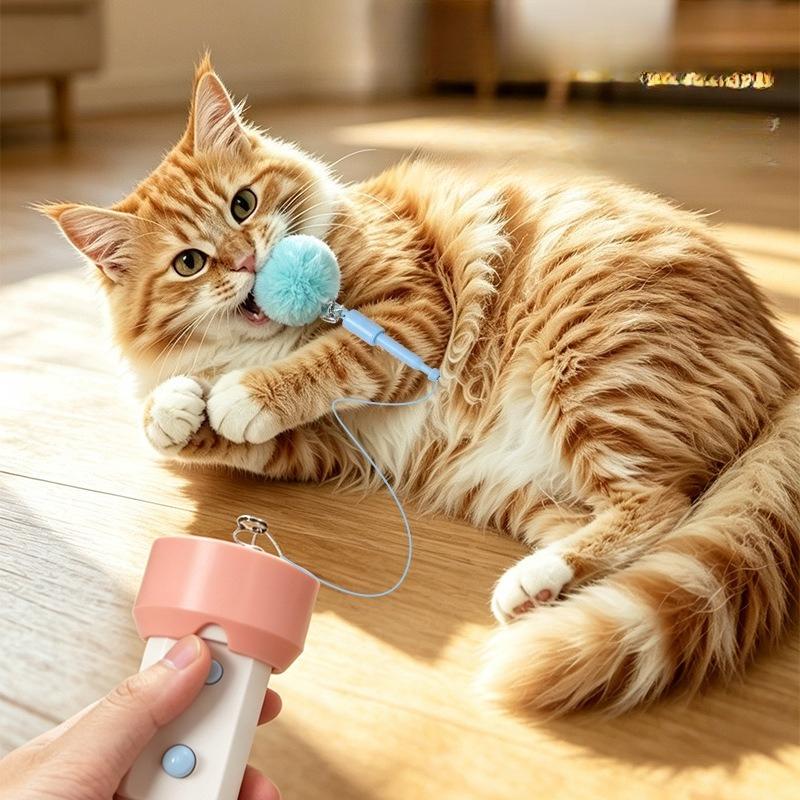 Electric Retractable Cat Teaser Wand Auto Launch Recycle Fluffy Pom‑pom Interactive Toy for Indoor Cats
