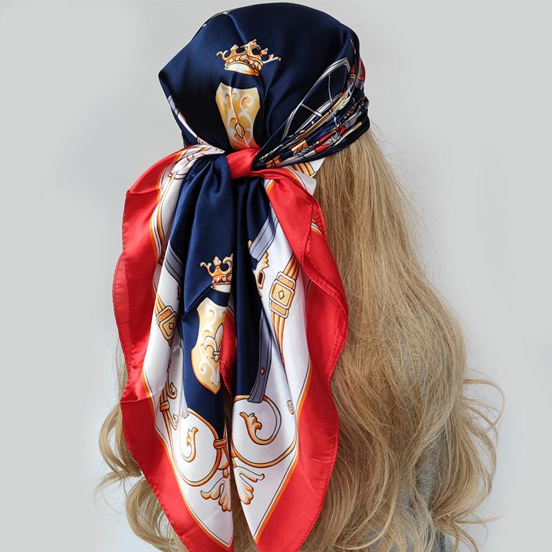 Fashion Kerchief Hair Scarf For Women Floral Print Silk Satin Hijab Scarfs 90*90cm Square Shawl Headband Scarves For Ladies