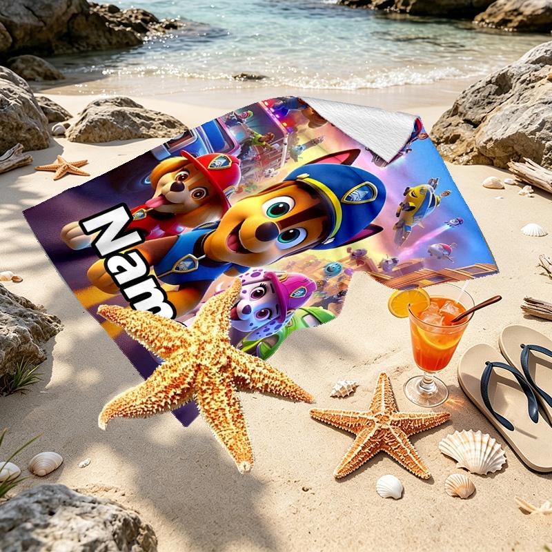 Asciugamano da Spiaggia Personalizzato con Nome e Stampa PAW Patrol, per Viaggio Campeggio Festa in Spiaggia Decorazione Casa, Regalo di Compleanno per Famiglia e Amici