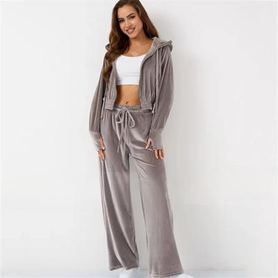 Casual Pajama Pants Set Autumn and Winter Goose Velvet Women's 2 Piece Pajama Set Lounge Wear Zipper Open Velvet Hooded Lounge Wear