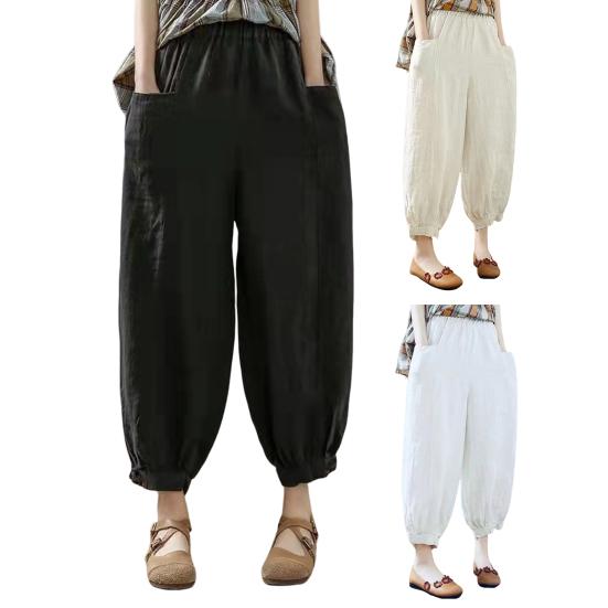 Lantern Pants Summer Elastic Waist Solid Color Cotton Linen Dual Pockets Ankle Length Loose Fit Women Harem Baggy Trousers Daily Wear