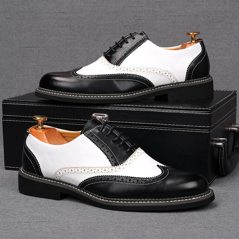 Fashion Fashion New Men's Black White Mixed Patent Leather Oxford Flats Brogues Shoes Male Homecoming Wedding Dress Zapatillas Hombre