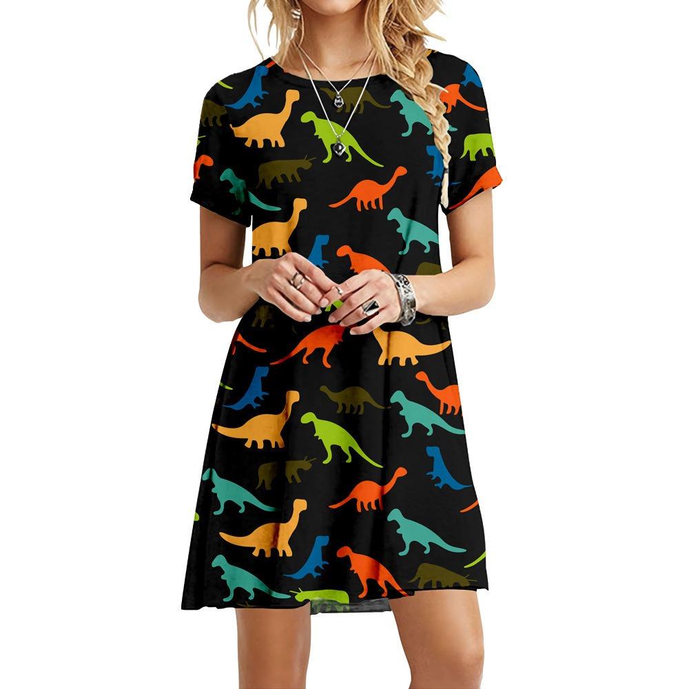 3D dinozor baskılı elbise yaz kadın kısa kollu Kawaii elbise moda giyim günlük yuvarlak yaka mini etek