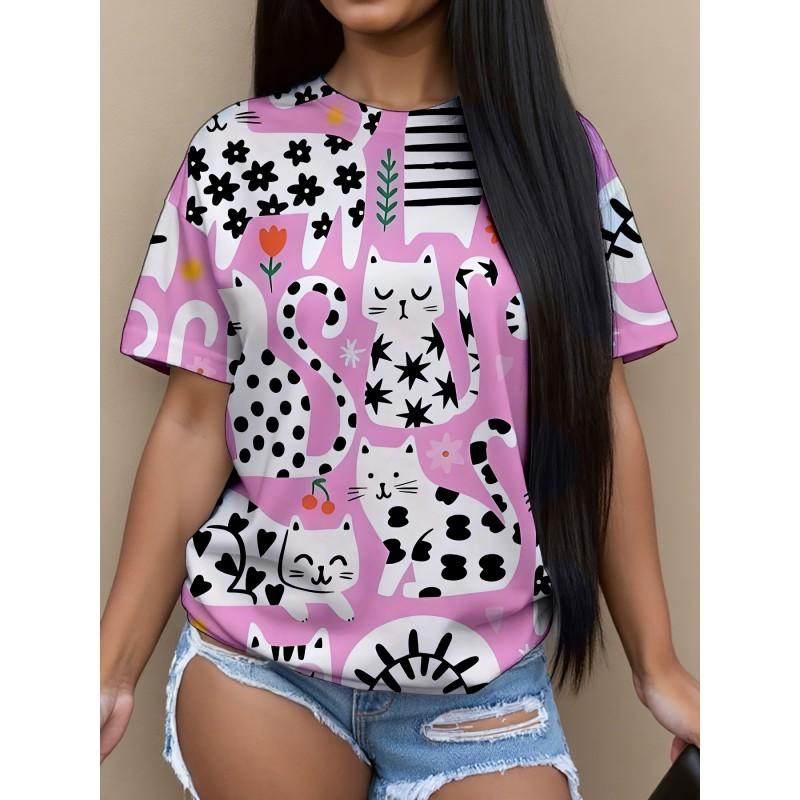 Womens Casual Round Neck Short Sleeve T-Shirt With Butterfly Print Loose Fit 2025