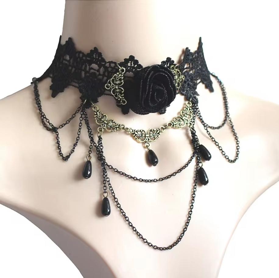 Gothic Victorian Black Lace Necklace Women Girl Boho Crystal Tassel Sexy Lace Choker Dark Loli Style Holiday Party Girl Jewelry 1pc