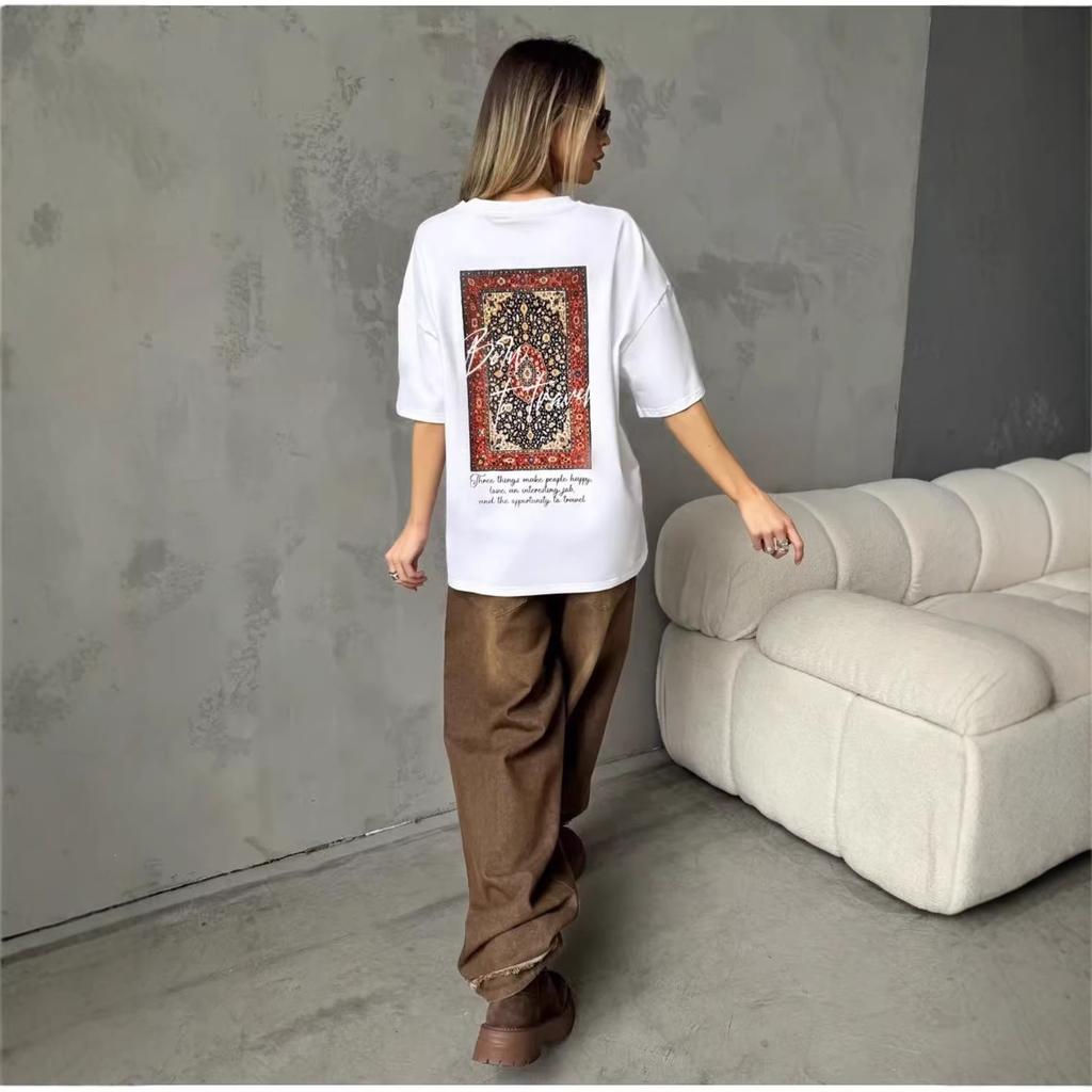 BF style American printing loose retro ins% pure cotton short-sleeved national tide European and American style age reduction niche T-shirt women's