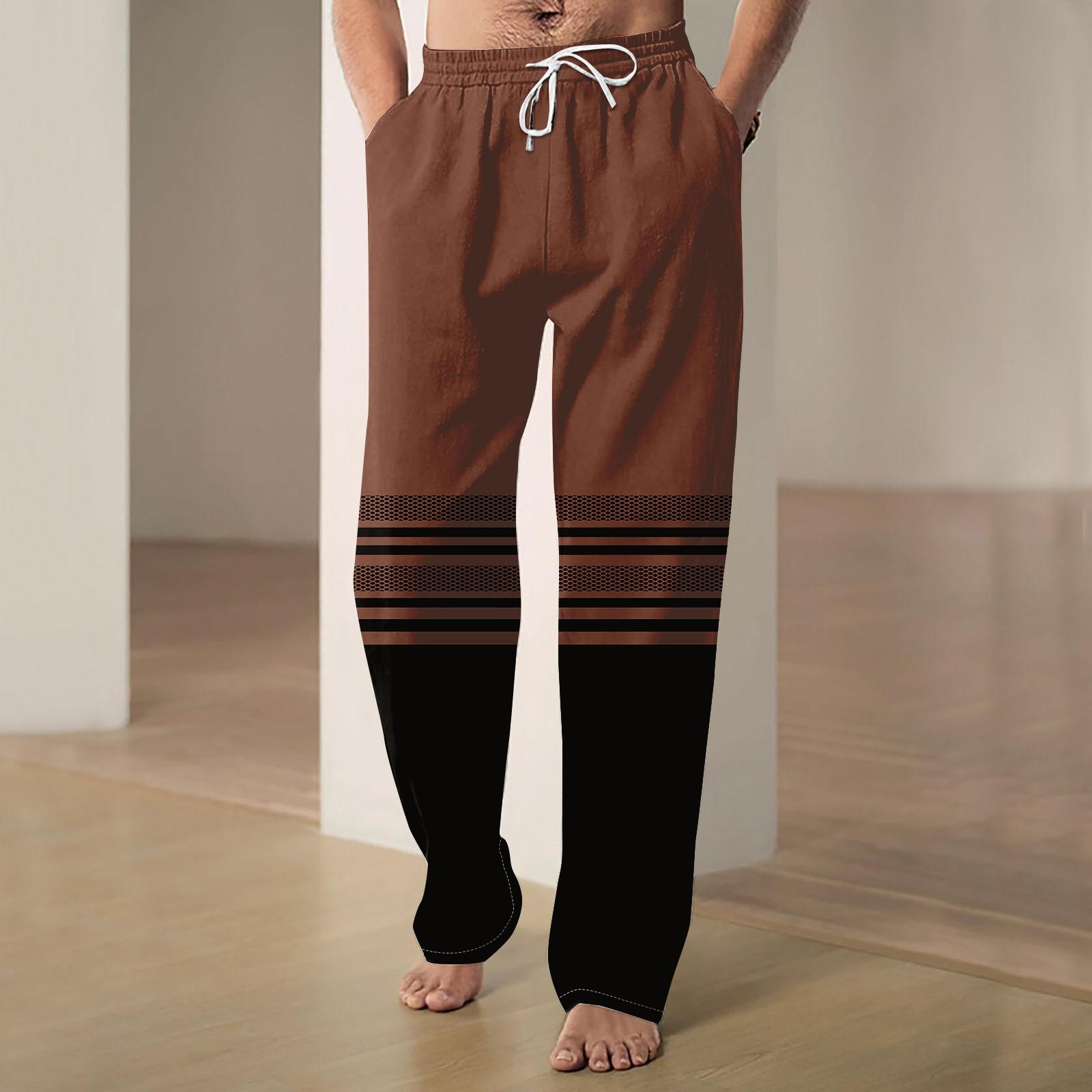 

Мужские повседневные свободные и удобные повседневные брюки, хлопковые льняные брюки с принтом на шнуровке XL кофейный