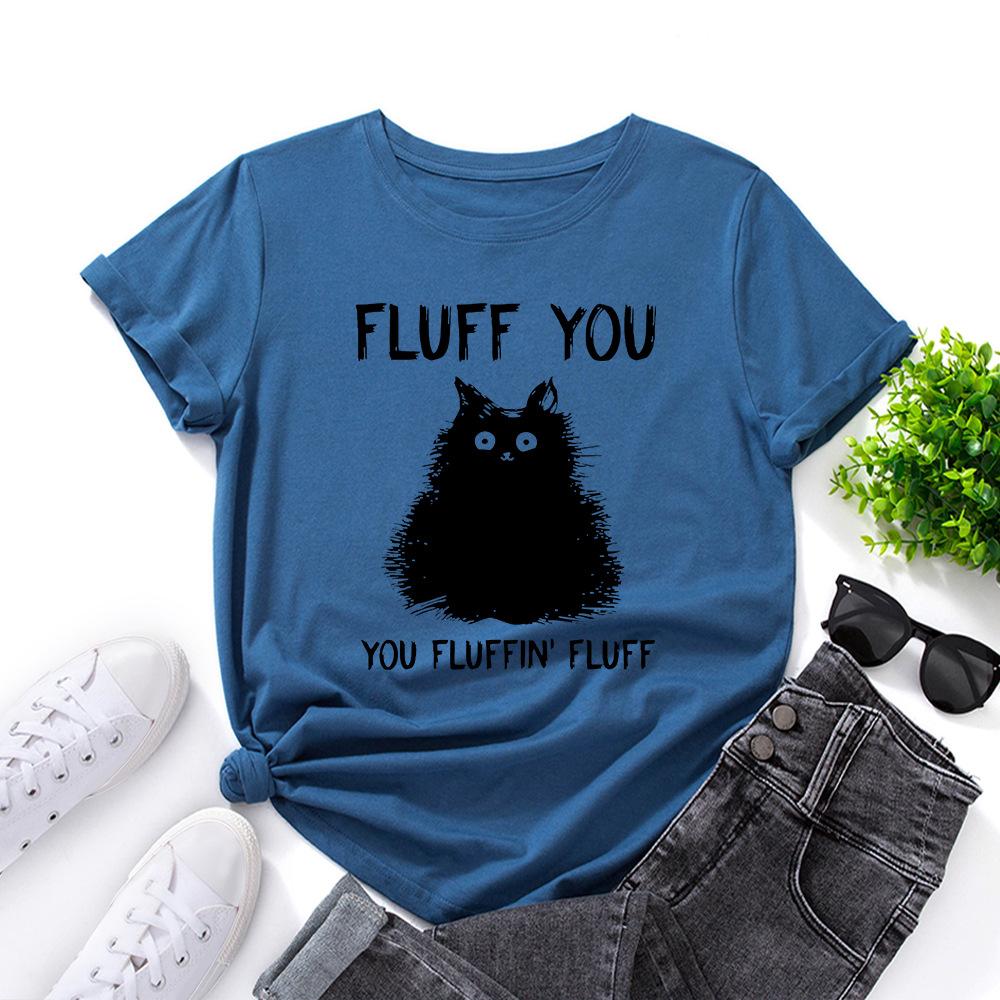 Women's Line Cat Print Loose Round Neck Short Sleeved T-shirt for Women Shirt